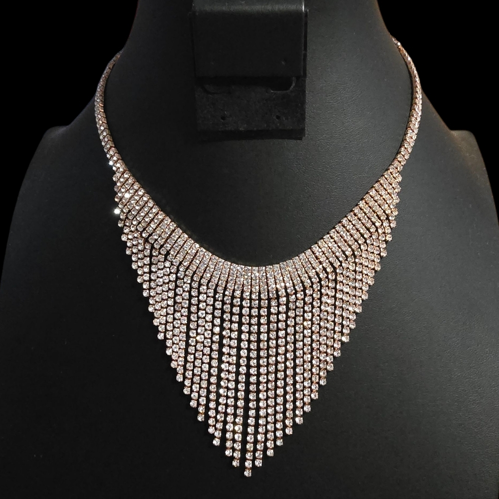 Elegant Rhinestone Gold-toned Waterfall Bib Necklace